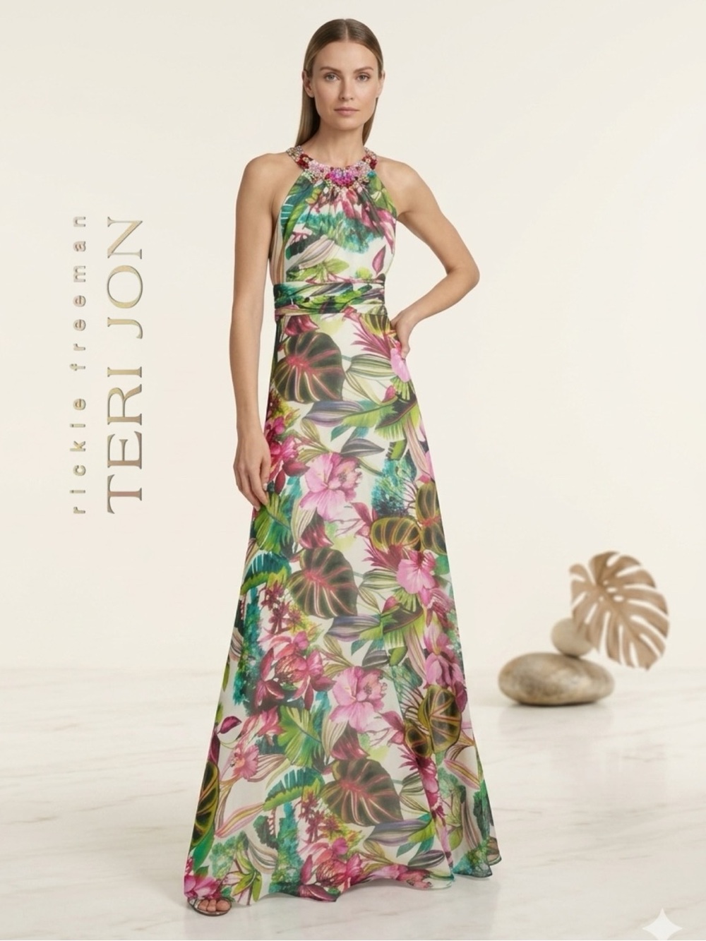 Teri Jon by Rickie Freeman Floral Chiffon Paillette Halter Embellished Gown NWT
